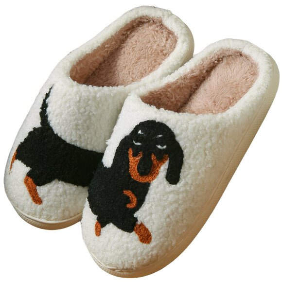 Funny Dachshund Slippers for Women Men Winter House Shoes, Fluffy Bedroom Slides - Picture 2 of 4